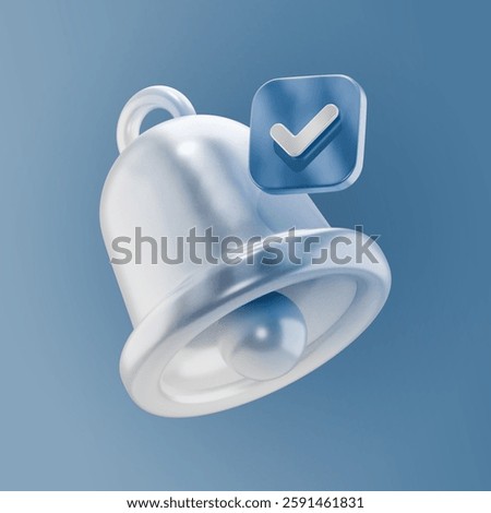 3D-rendered metallic notification bell with a floating checkmark icon on a blue gradient background. A modern and futuristic representation of alerts, reminders, and notifications.