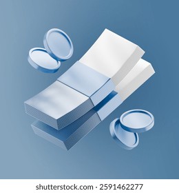 3D-rendered metallic stacks of banknotes with floating coins on a blue gradient background. A modern and futuristic representation of wealth, finance, banking, and economic transactions.