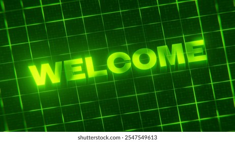 A 3D-rendered pattern of a word on bright neon green lines arranged in a grid pattern.
