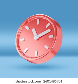 A 3D-rendered red clock with white hands and markers, symbolizing time management, deadlines, punctuality, scheduling, and productivity on a blue background.