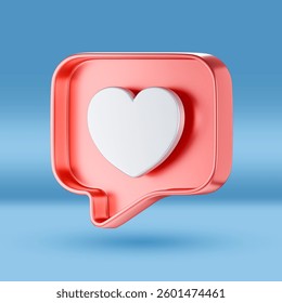 A 3D-rendered red speech bubble with a white heart inside, symbolizing social media engagement, likes, love, appreciation, and positive interactions. Set against a soft blue background.