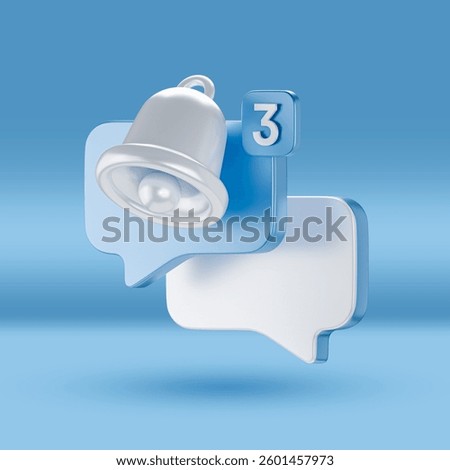 A 3D-rendered speech bubble with a notification bell and a message count, symbolizing alerts, notifications, social media updates, reminders, and online communication.