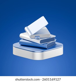 A 3D-rendered stack of metallic blue and white books placed on a geometric podium against a solid blue background, symbolizing education, knowledge, and learning