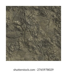 A 3D-rendered texture mimicking a highly weathered, prehistoric surface. The cracked topography features a dense network of deep fissures and fine, web-like cracks reminiscent of dried mud, ancient stone, or aged reptilian skin. Pronounced ridges and valleys create strong three-dimensionality, with lighting highlighting raised edges and casting soft shadows into recesses for a rugged, tactile feel. The overall matte, coarse finish lacks glossy spots, reinforcing an organic, geological theme. The muted earth tone palette combines olive greens, taupes, and charcoal greys, with subtle tonal shifting: darker patches in crevices and lighter, desaturated highlights on the peaks. This primeval aesthetic evokes age and decay, suitable for high-fantasy or sci-fi environments like cavern walls, dried seabeds, or dragon scale armor. The uniform, seamless composition is designed as a tileable texture for 3D modeling, environmental design, or game asset creation.

