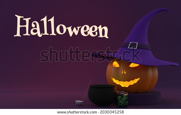 3D-rendering. Halloween pumpkin with witch\'s\
hat on it and witch\'s cauldron placed\
near.