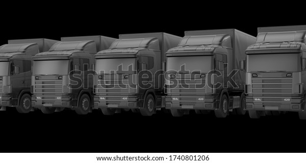 3d-rendering.\
Large trucks with a semitrailer on black background . \
Set trucks,\
front view. Template for placing graphics.\
