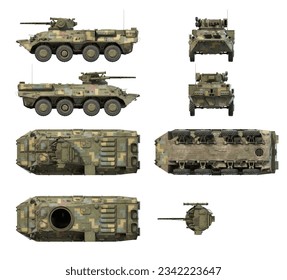 3d-renders of Ukrainian APC BTR-3 in digital pixel camouflage isolated on white background