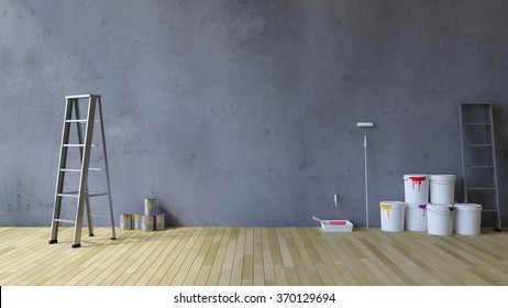 3Ds Rendered Image Of A Blank Cracked Concrete Wall And Wooden Floor, Ladder And Painting Tools And Color Cans On The Floor