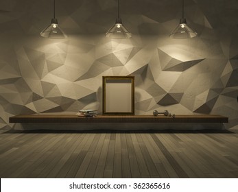 3ds Rendered Image Of Loft Style Living Room, Cracked Concrete Wall,wooden Floor, Low Polygon Decorative Wall,blank Photo Frame And Books On Shelf,night View Perspective