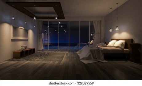 3ds rendered image of seaside room in night time