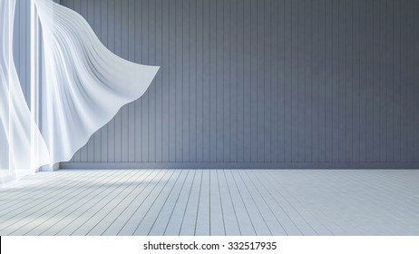  3ds rendered image of seaside room , White fabric curtains being blown by wind from the sea, dark gray wooden wall and white wooden floor