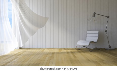  3ds rendered image of seaside room , White fabric curtains being blown by wind from the sea, wooden wall and floor, Chair and lamp 