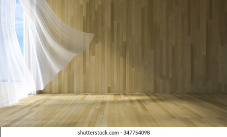  3ds rendered image of seaside room , White fabric curtains being blown by wind from the sea, wooden wall and floor 