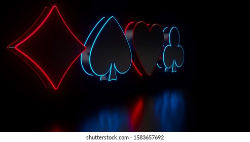 4 Aces Playing Cards Symbols With Futuristic Glowing Neon Lights Isolated On The Black Background - 3D Illustration