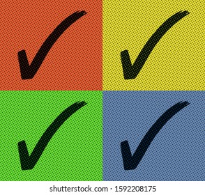 4 Black Check Marks On Red, Yellow, Green And Blue Squares Made From A Photo Of A Real Hand Written Check Mark On Small Note Paper