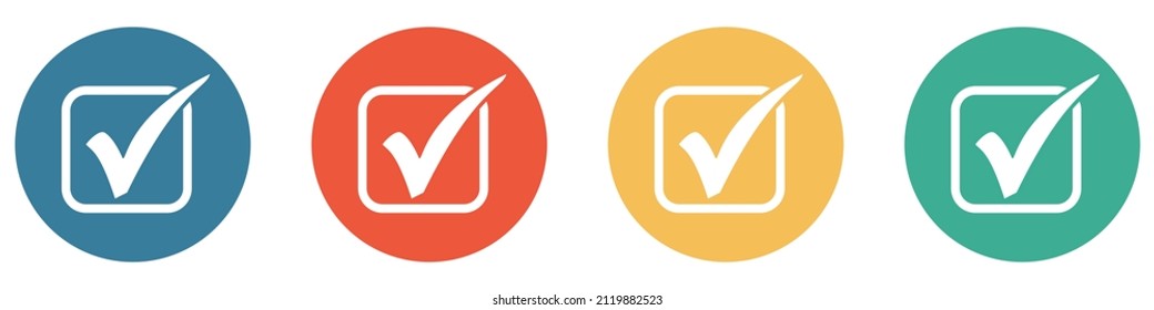 4 Colorful Buttons Blue, Red, Orange And Green Showing: Election, Checkbox With Check Mark Or Approval