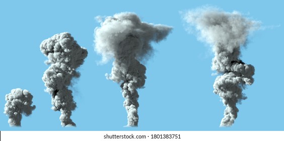 4 different images of heavy bright smoke column as from volcano or large industrial explosion - pollution concept, 3d illustration of object