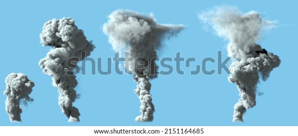 4 different renders of dense white smoke\
column as from volcano or big industrial explosion - pollution\
concept, industrial 3d\
illustration