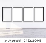 4 frames mock up for gallery wall on an empty white wall, 3d rendering, four empty modern frames for gallery wall mockup.