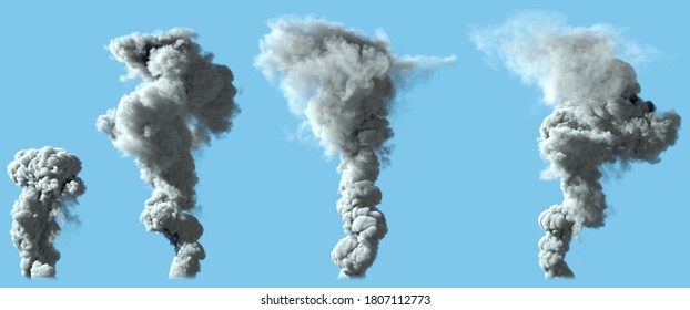 4 Images Of Dense White Smoke Column As From Volcano Or Big Industrial Explosion - Disaster Concept, 3d Illustration Of Objects