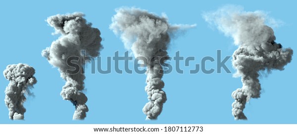 4 images of dense white smoke column as from\
volcano or big industrial explosion - disaster concept, 3d\
illustration of\
objects