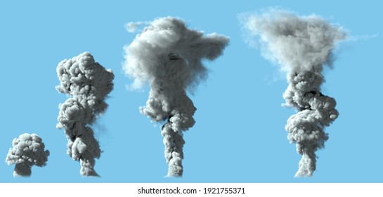 4 images of solid white smoke column as from volcano or large industrial explosion - disaster concept, industrial 3d illustration