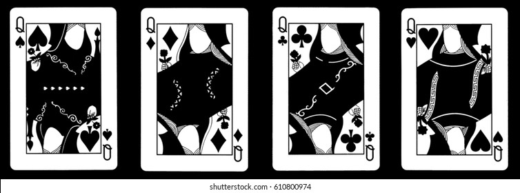 4 Queens in a row - Playing Cards, Isolated on black