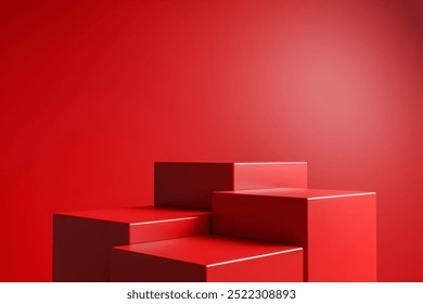 4 steps of empty red cube podium, showcase product, 3d render