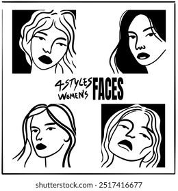4 styles of women’s faces in different postures, outline art style, representing the beauty of women.