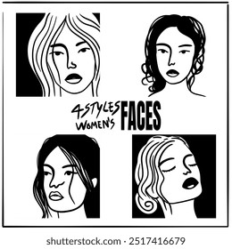 4 styles of women’s faces in different postures, outline art style, representing the beauty of women.