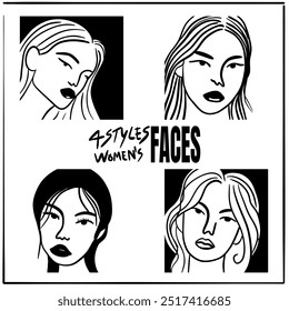 4 styles of women’s faces in different postures, outline art style, representing the beauty of women.