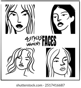 4 styles of women’s faces in different postures, outline art style, representing the beauty of women.