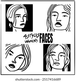 4 styles of women’s faces in different postures, outline art style, representing the beauty of women.