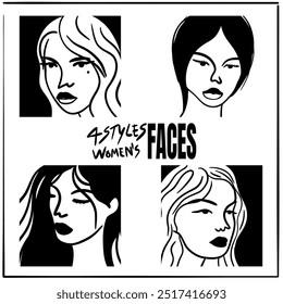 4 styles of women’s faces in different postures, outline art style, representing the beauty of women.