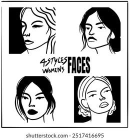 4 styles of women’s faces in different postures, outline art style, representing the beauty of women.
