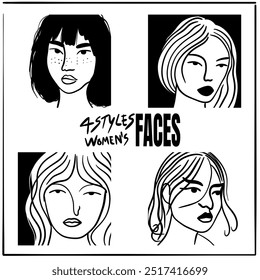 4 styles of women’s faces in different postures, outline art style, representing the beauty of women. - Powered by Shutterstock