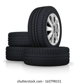 4 Tires With Wheels, On White Background