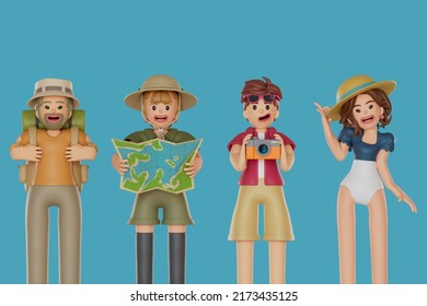 The 4 tourists went trekking and sea. 3D Render illustration - Powered by Shutterstock