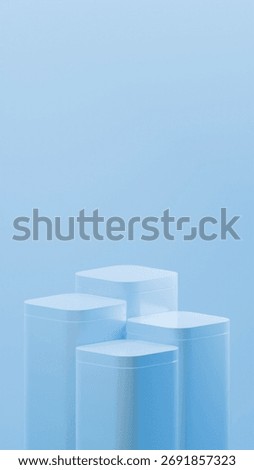 4 vertical cube podiums with rounded corners. Luxurious cube podiums in Ice Blue color. 4 podiums arranged randomly over Ice Blue background.