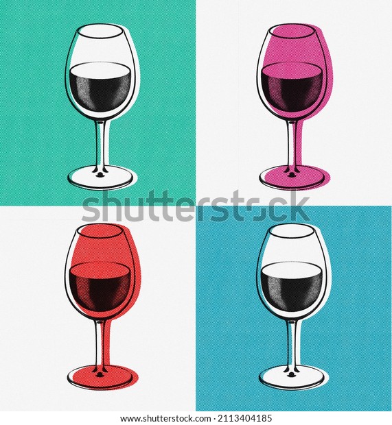 4 wine glass\
illustrations divided into colorful quadrants in the pop art screen\
printing style of Andy\
Warhol.
