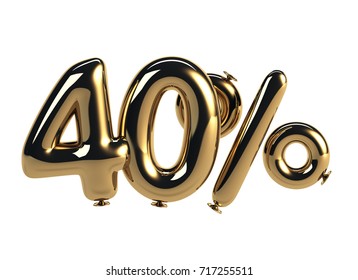 40% discount made of Golden Balloons. sale concept. 3d rendering isolated on White Background