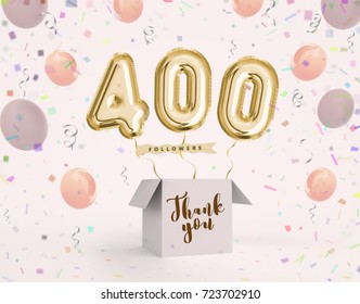 400 follower, 400 like thank you with gold balloons and colorful confetti. Illustration 3d render for your social network friends, followers, web user Thank you celebrate of subscriber, follower, like