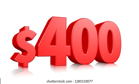 400$ Four hundred price symbol. red text number 3d render with dollar sign on white background