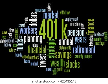 401k, Word Cloud Concept On Black Background.  401k - Retirement Savings Plan Sponsored By Employer.