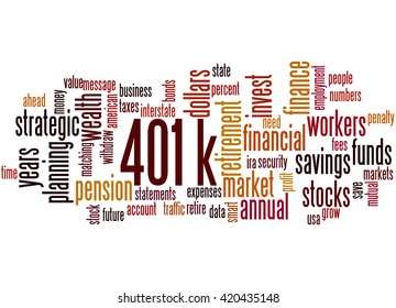 401k, Word Cloud Concept On White Background.  401k - Retirement Savings Plan Sponsored By Employer.