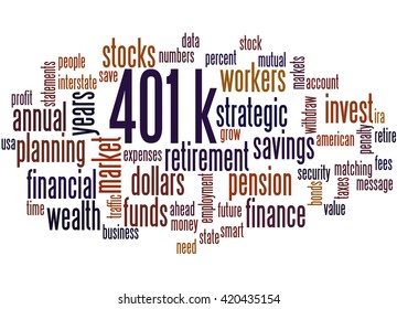 401k, Word Cloud Concept On White Background.  401k - Retirement Savings Plan Sponsored By Employer.