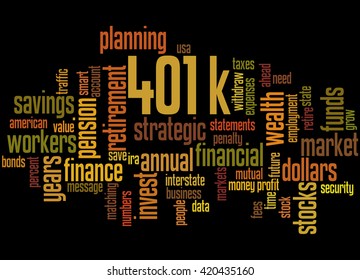 401k, Word Cloud Concept On Black Background.  401k - Retirement Savings Plan Sponsored By Employer.