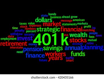 401k, Word Cloud Concept On Black Background.  401k - Retirement Savings Plan Sponsored By Employer.