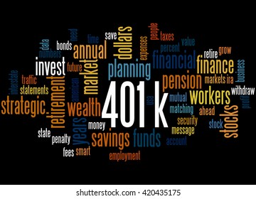 401k, Word Cloud Concept On Black Background.  401k - Retirement Savings Plan Sponsored By Employer.