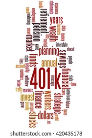 401k, Word Cloud Concept On White Background.  401k - Retirement Savings Plan Sponsored By Employer.